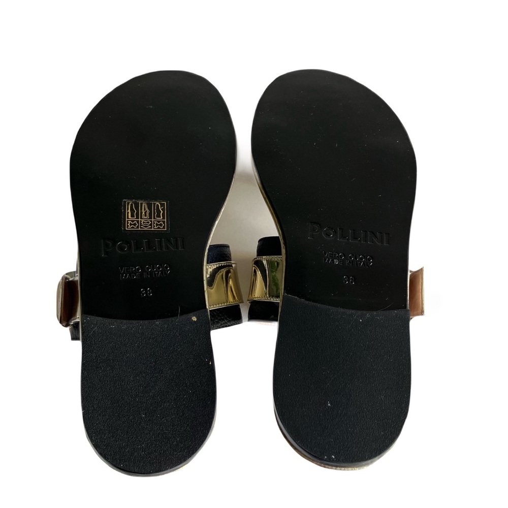 Pollini Leather Strappy Sandals Size 38 Gold Buckle Black Slides Open Toe Resort - Picture 10 of 14